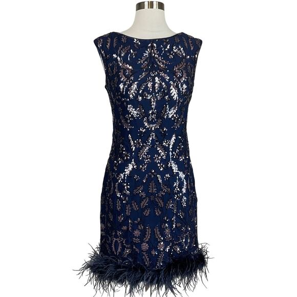 Eliza J Women's Cocktail Dress Size 8 Blue Sequined Sheath With Feather Trim Hem - Picture 1 of 14